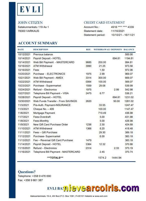 Finland Evli Bank PLC bank statement easy to fill in Excel and PDF format
